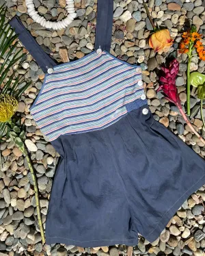 1930s Striped Indigo Cotton Side Button Shortalls
