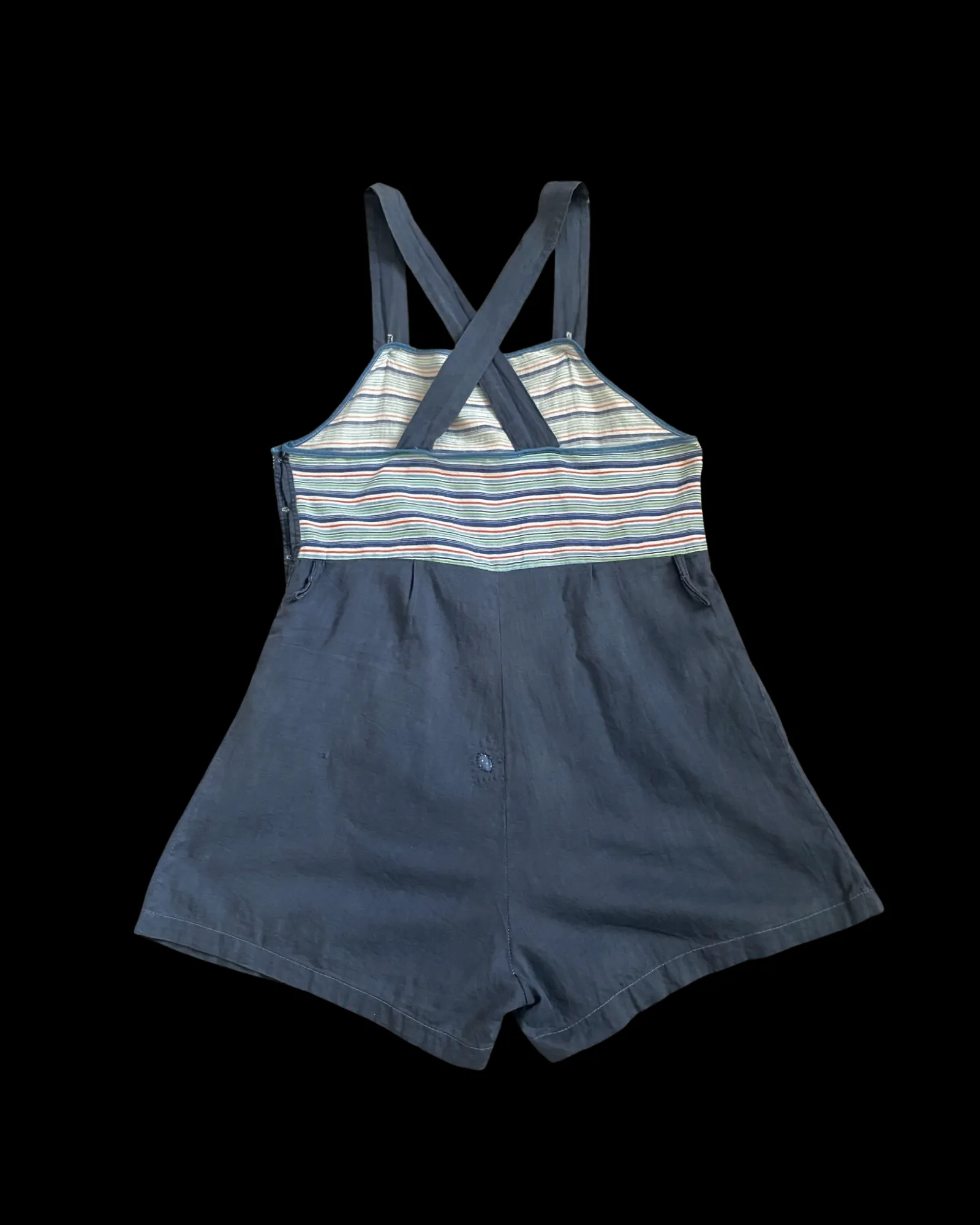 1930s Striped Indigo Cotton Side Button Shortalls