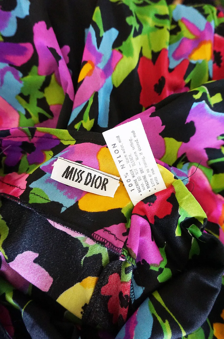 1970s Miss Dior Plunging Bright Floral Print Halter Dress