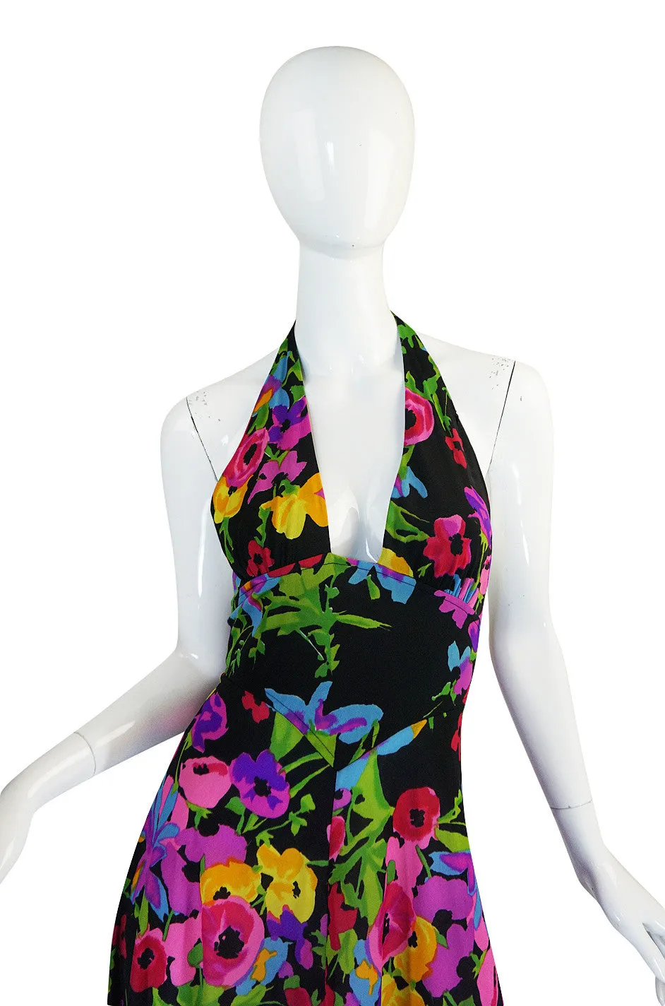 1970s Miss Dior Plunging Bright Floral Print Halter Dress