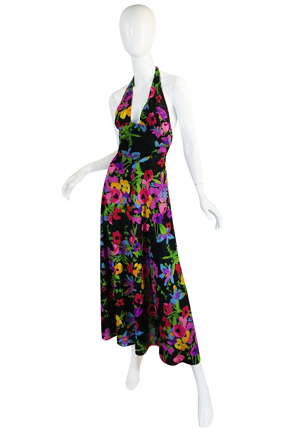 1970s Miss Dior Plunging Bright Floral Print Halter Dress