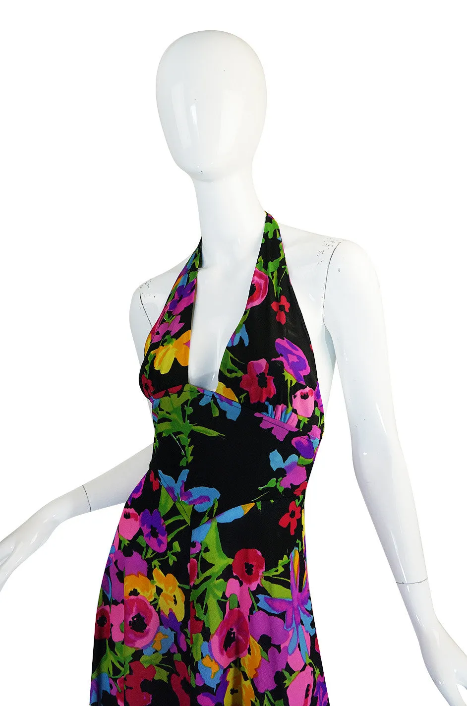1970s Miss Dior Plunging Bright Floral Print Halter Dress