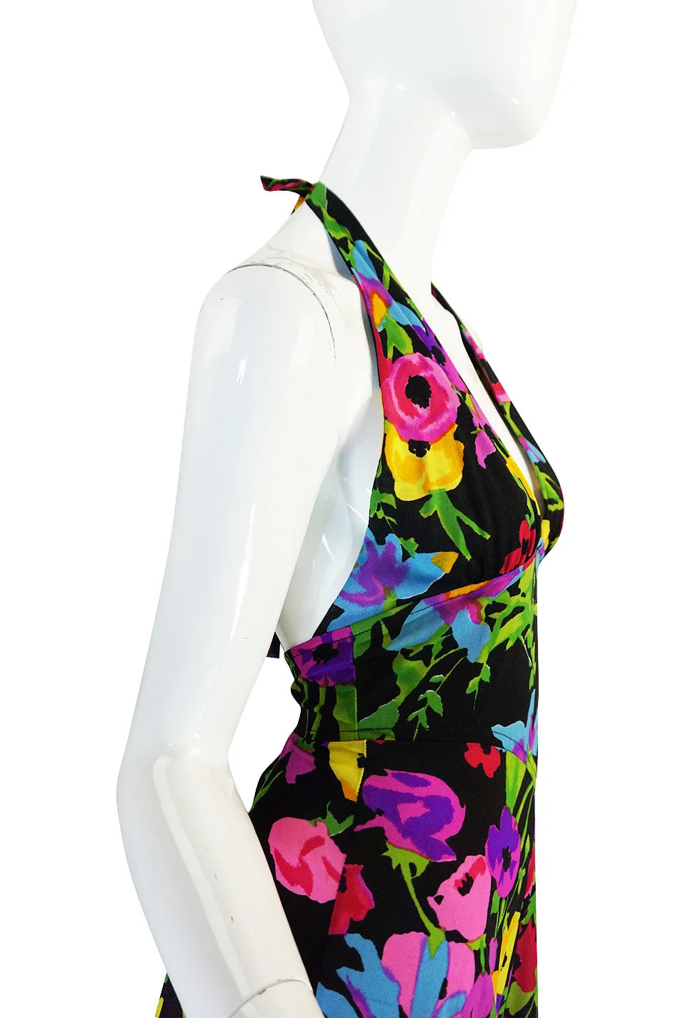 1970s Miss Dior Plunging Bright Floral Print Halter Dress