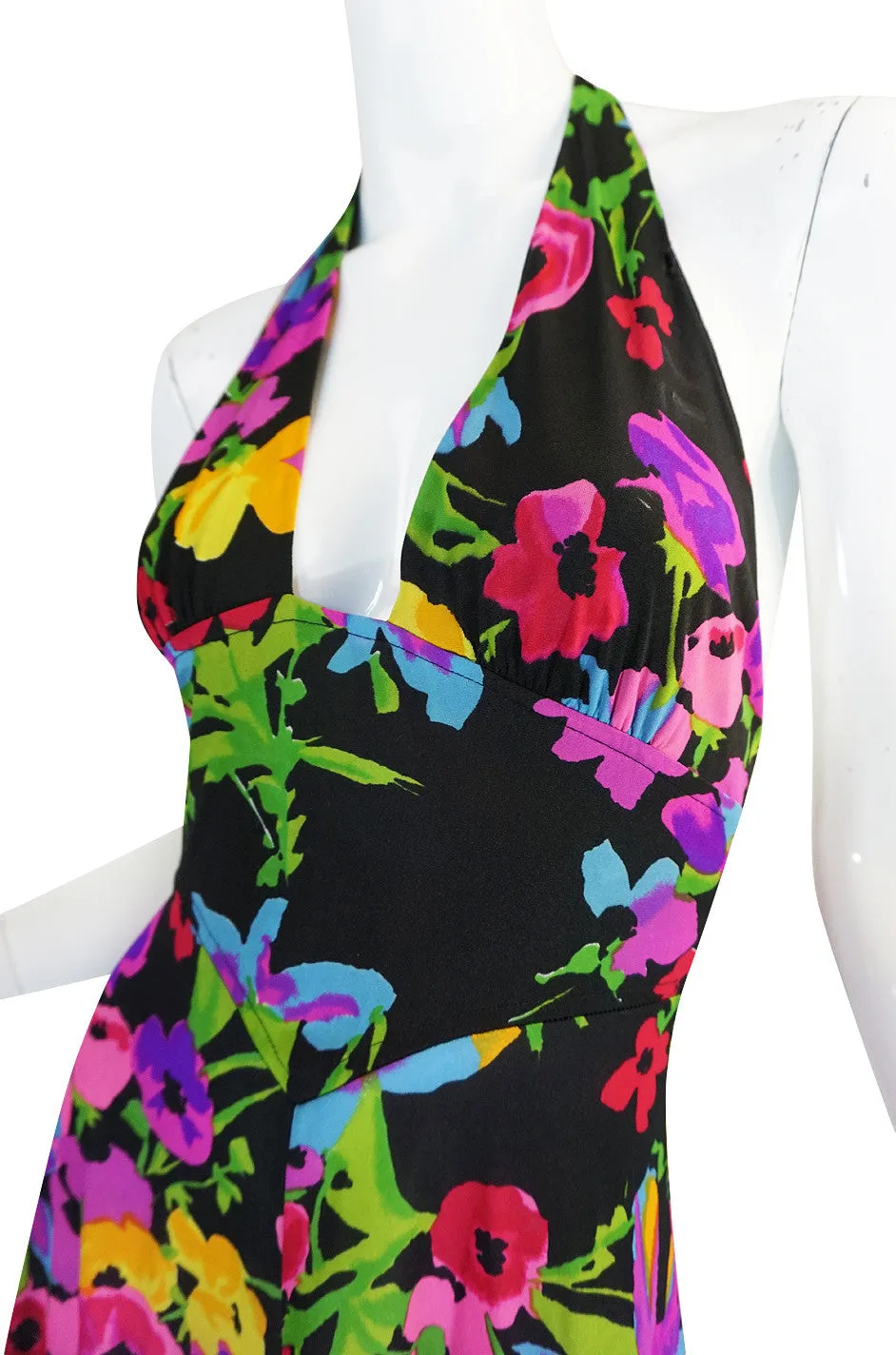 1970s Miss Dior Plunging Bright Floral Print Halter Dress