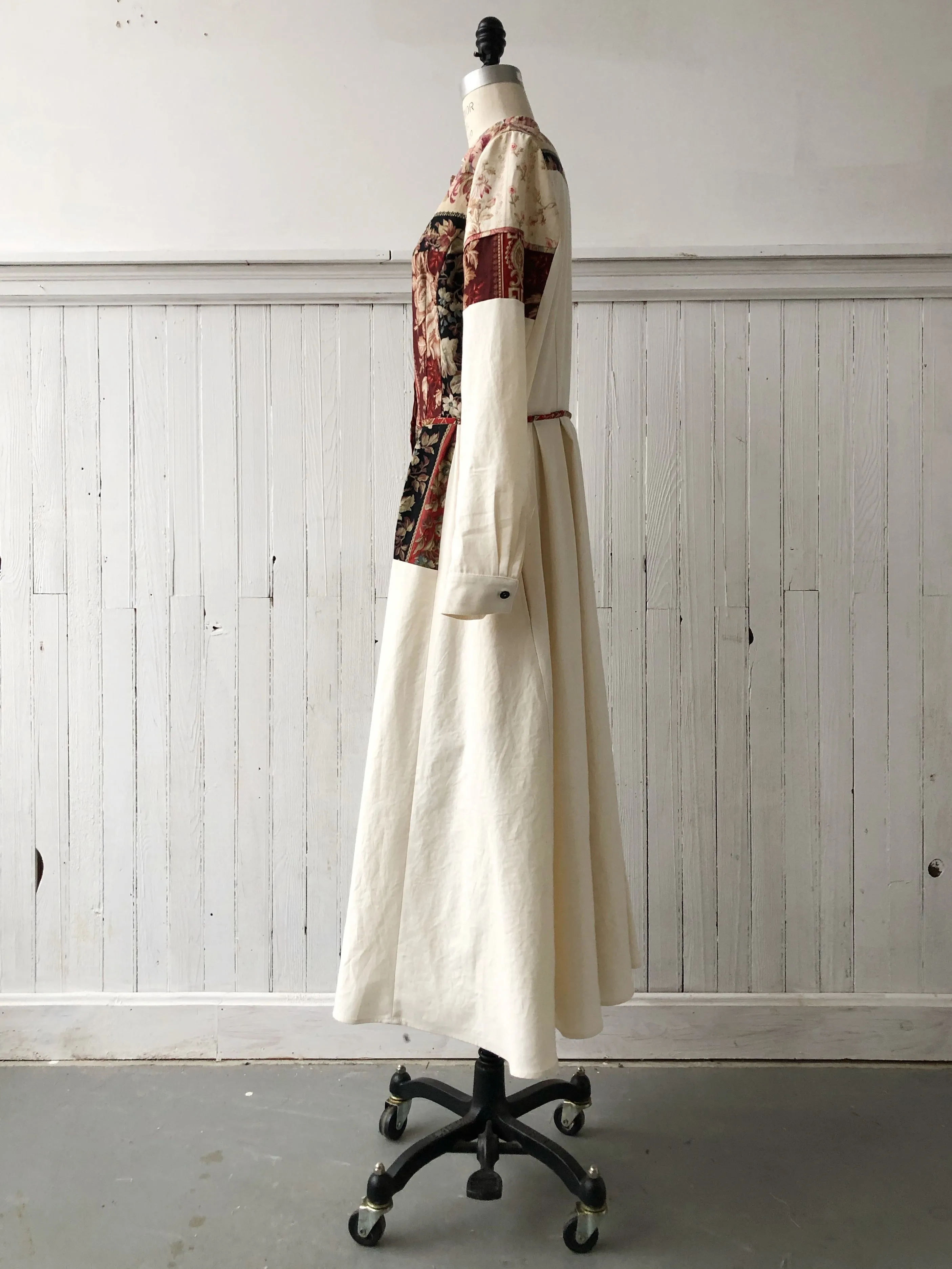 19th century patched French cotton floral and cotton shirt dress size 8