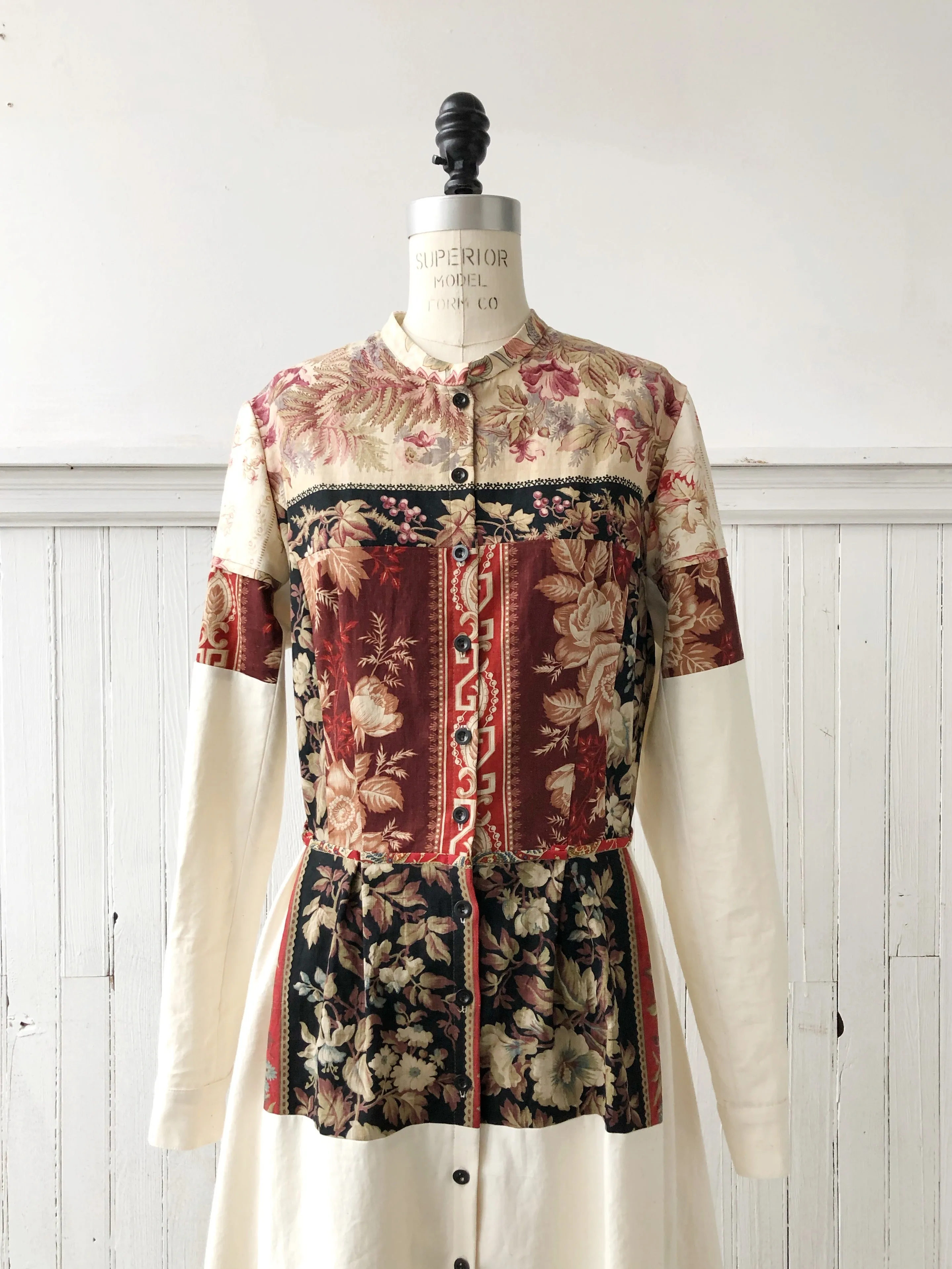 19th century patched French cotton floral and cotton shirt dress size 8