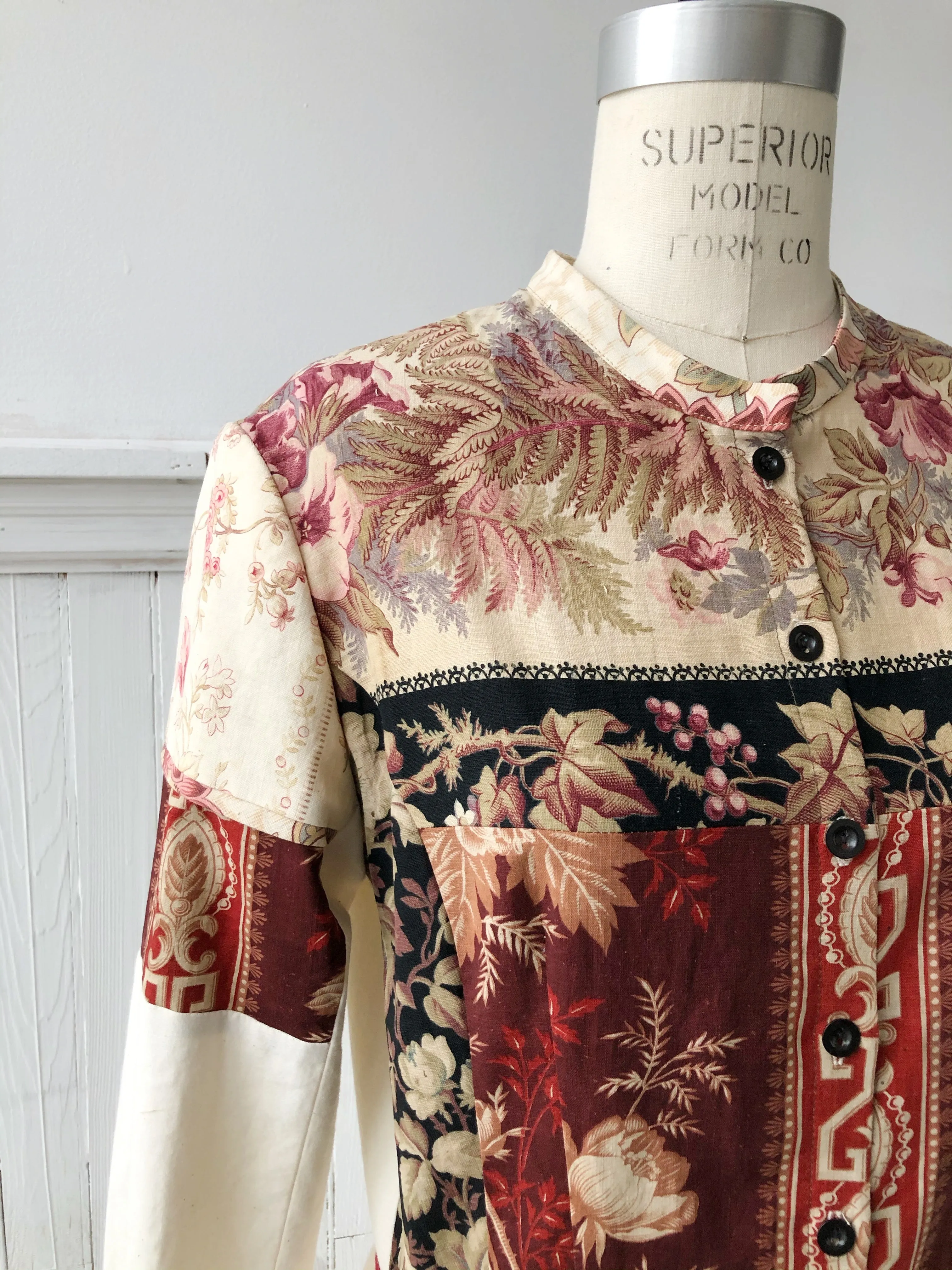 19th century patched French cotton floral and cotton shirt dress size 8