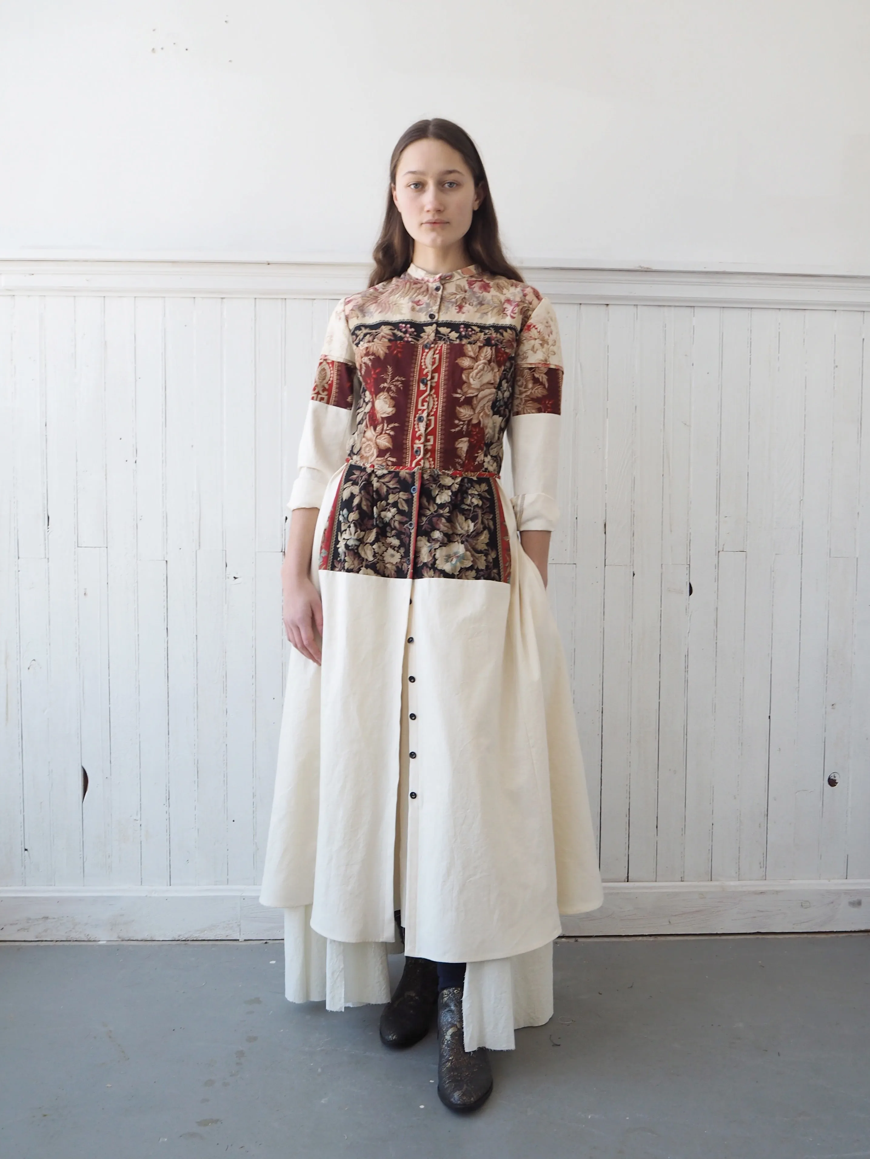 19th century patched French cotton floral and cotton shirt dress size 8