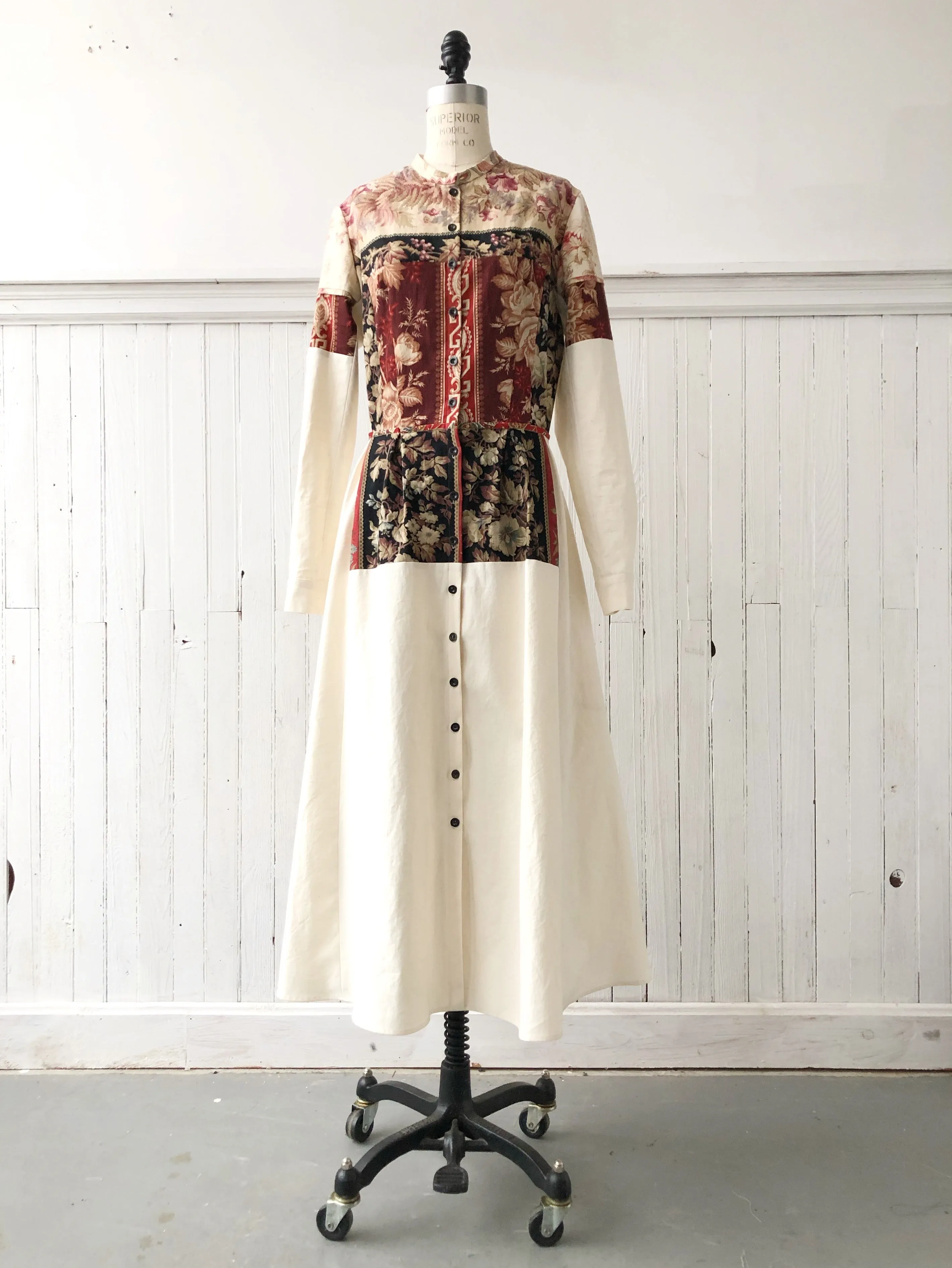 19th century patched French cotton floral and cotton shirt dress size 8