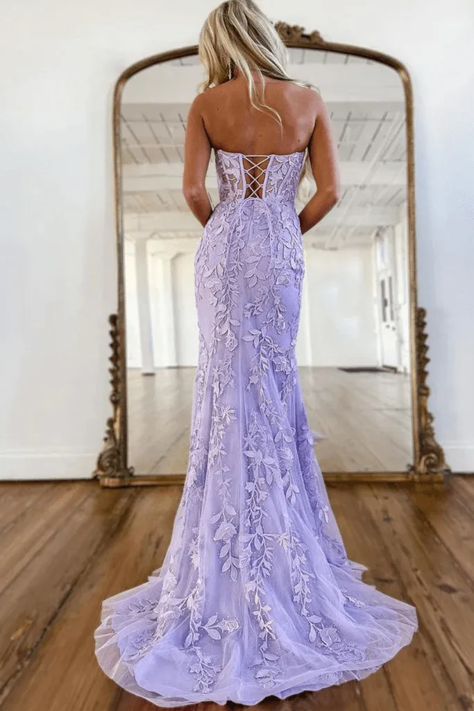 2025 Long Mermaid Purple Lace Prom Dresses Violet Strapless Formal Dress
