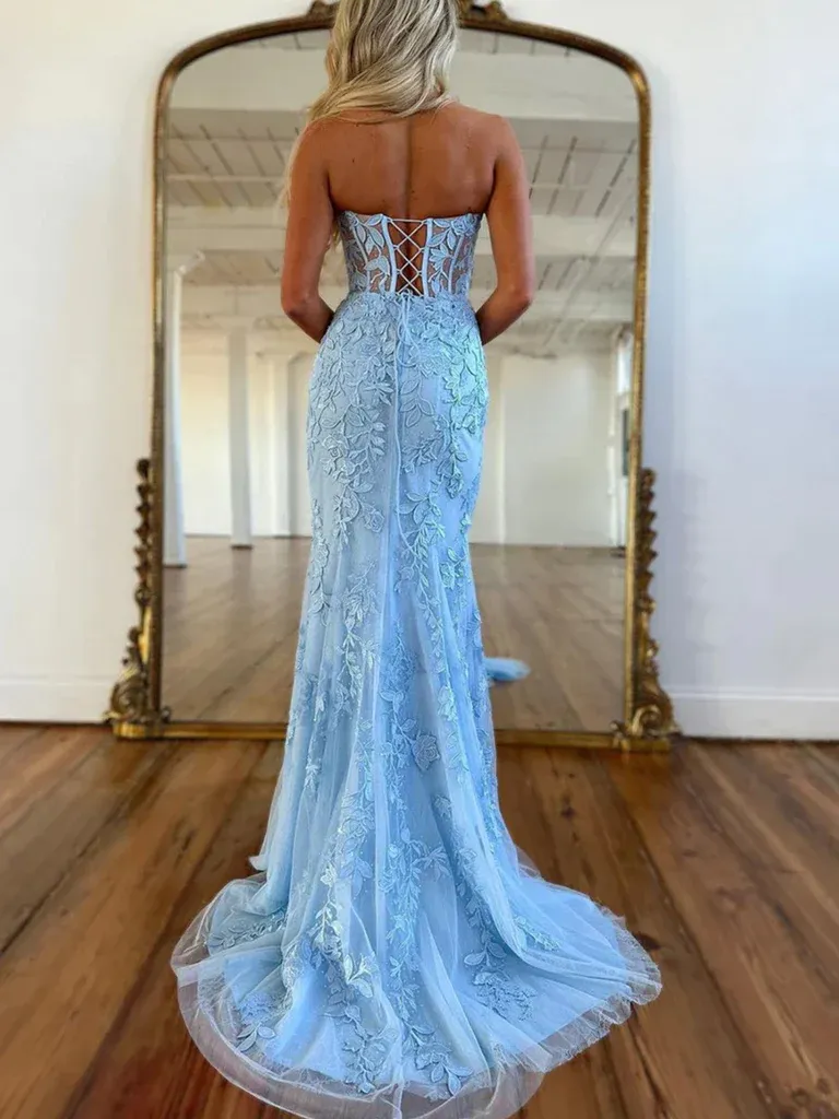 2025 Long Mermaid Purple Lace Prom Dresses Violet Strapless Formal Dress