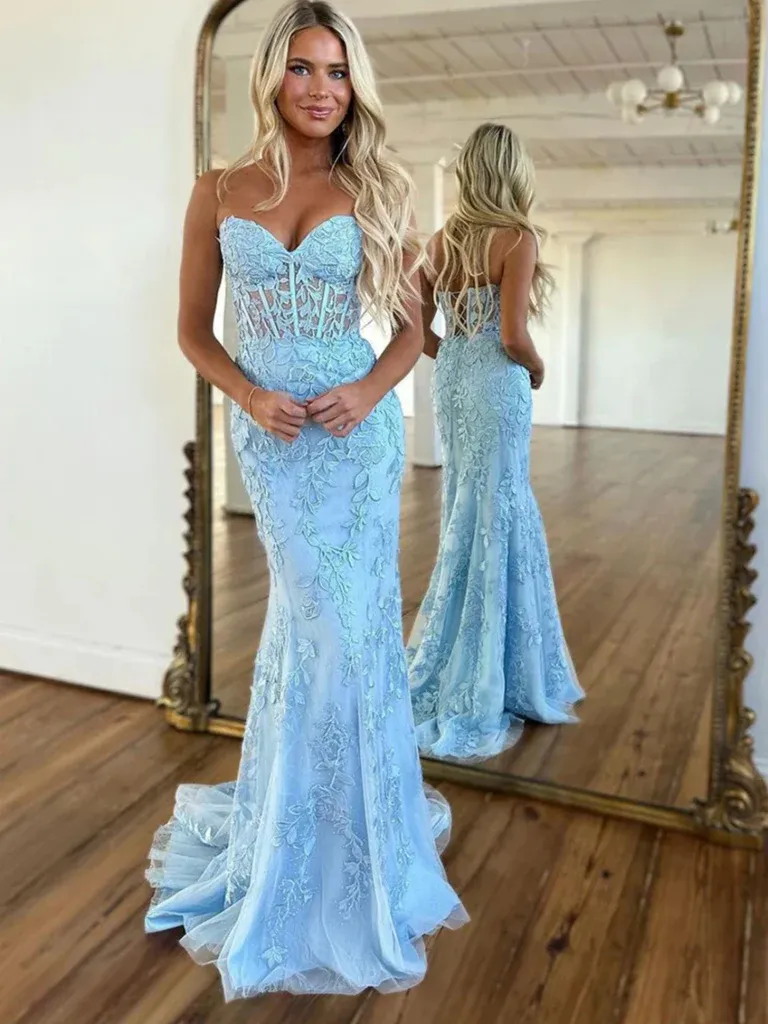 2025 Long Mermaid Purple Lace Prom Dresses Violet Strapless Formal Dress