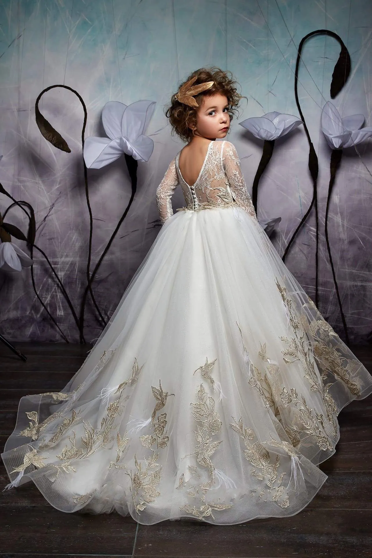 2326 Long Flower Girl Dress with Golden Lace Motifs