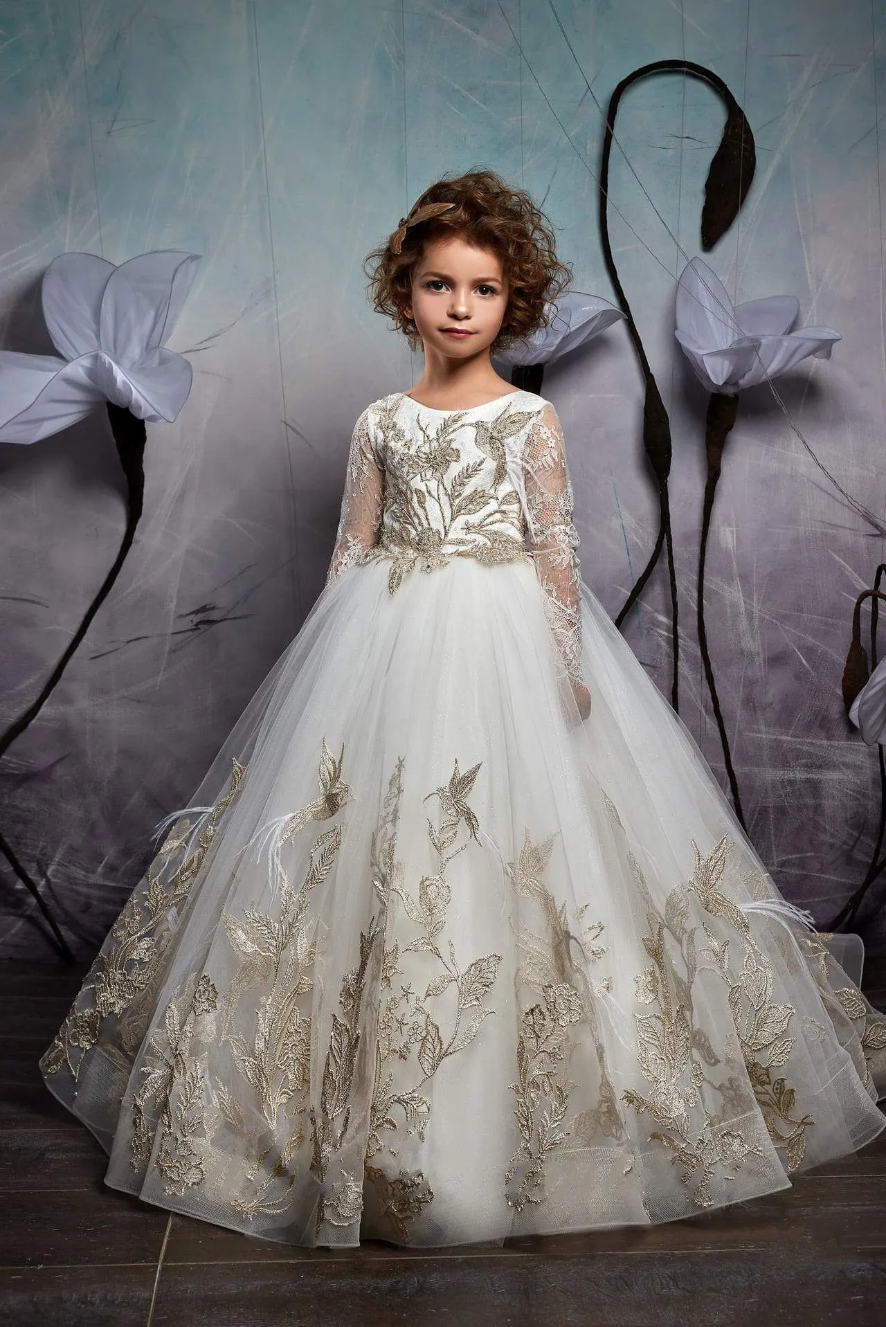 2326 Long Flower Girl Dress with Golden Lace Motifs