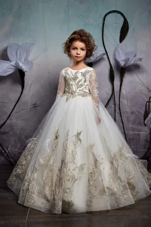 2326 Long Flower Girl Dress with Golden Lace Motifs