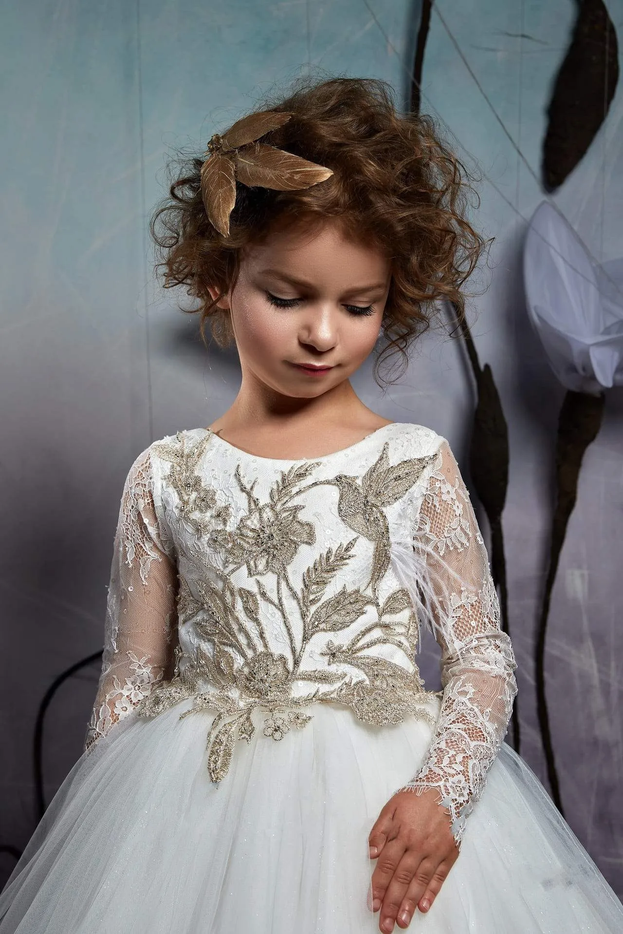 2326 Long Flower Girl Dress with Golden Lace Motifs