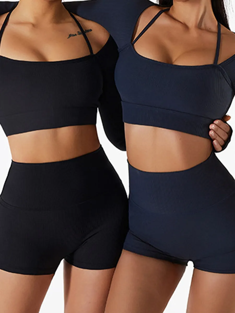 2pcs Fitness Yoga Suit Gym Outfits Set Plain Top with Chest Pads and Sports Shorts