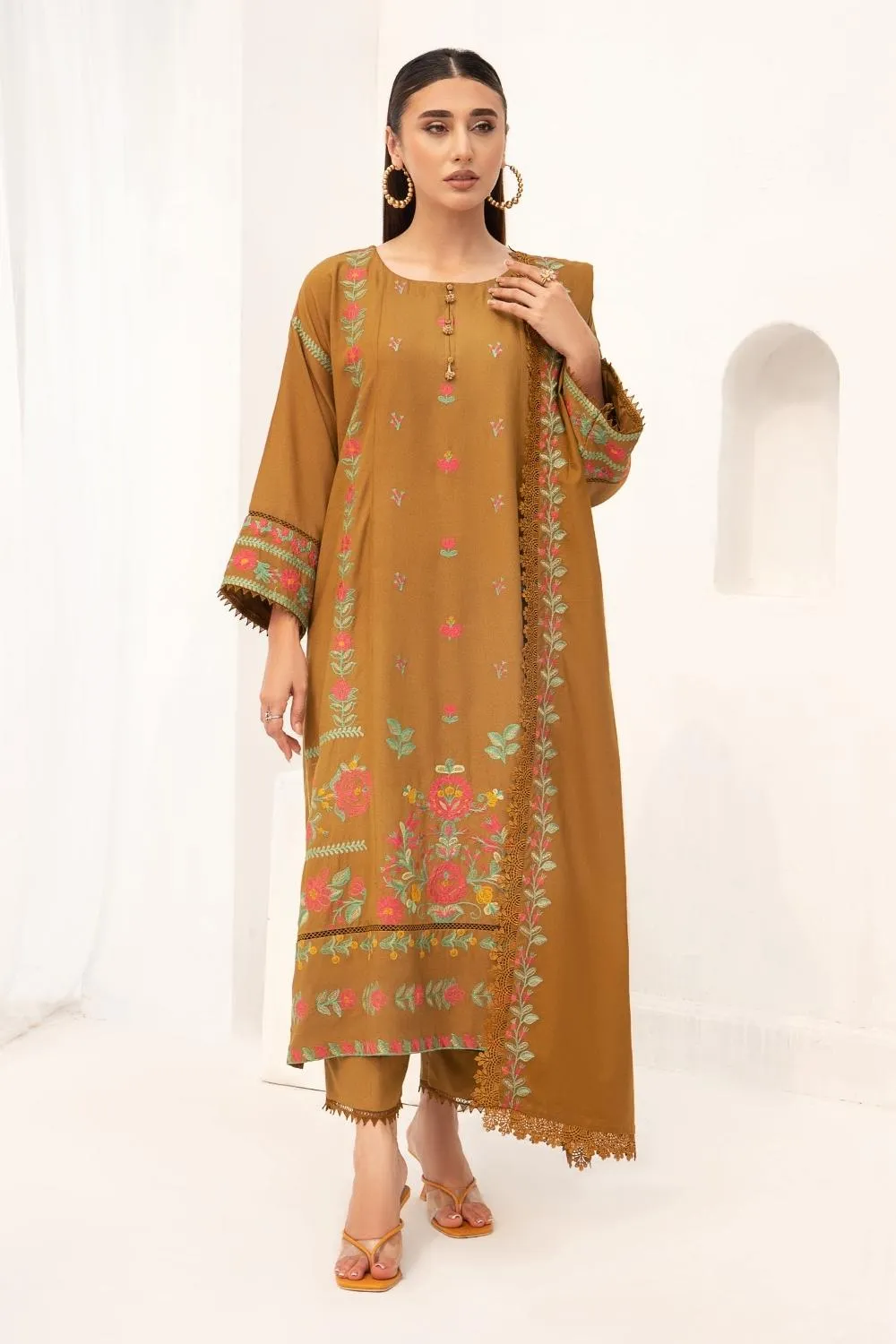 3PC Unstitched |Embroidered Karandi Shirt  Cotton Dobby Shawl  Trouser