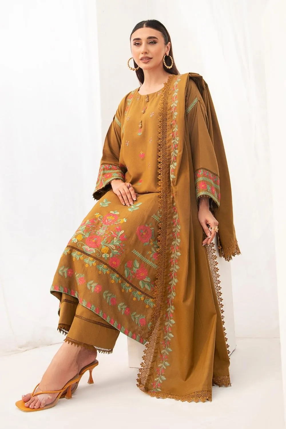 3PC Unstitched |Embroidered Karandi Shirt  Cotton Dobby Shawl  Trouser