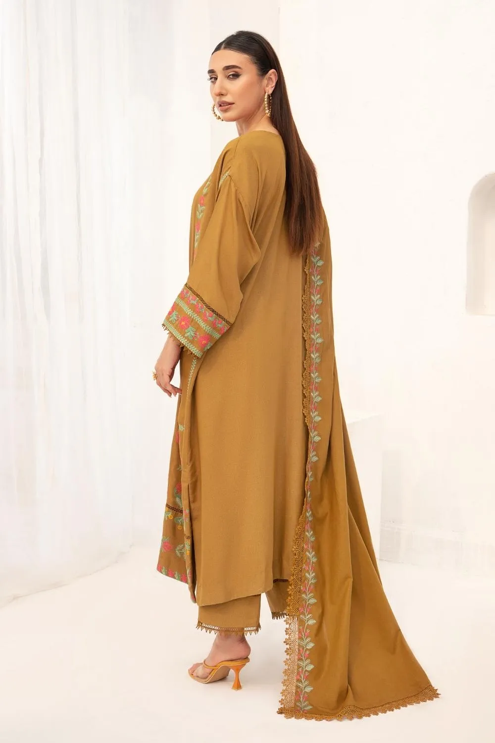 3PC Unstitched |Embroidered Karandi Shirt  Cotton Dobby Shawl  Trouser