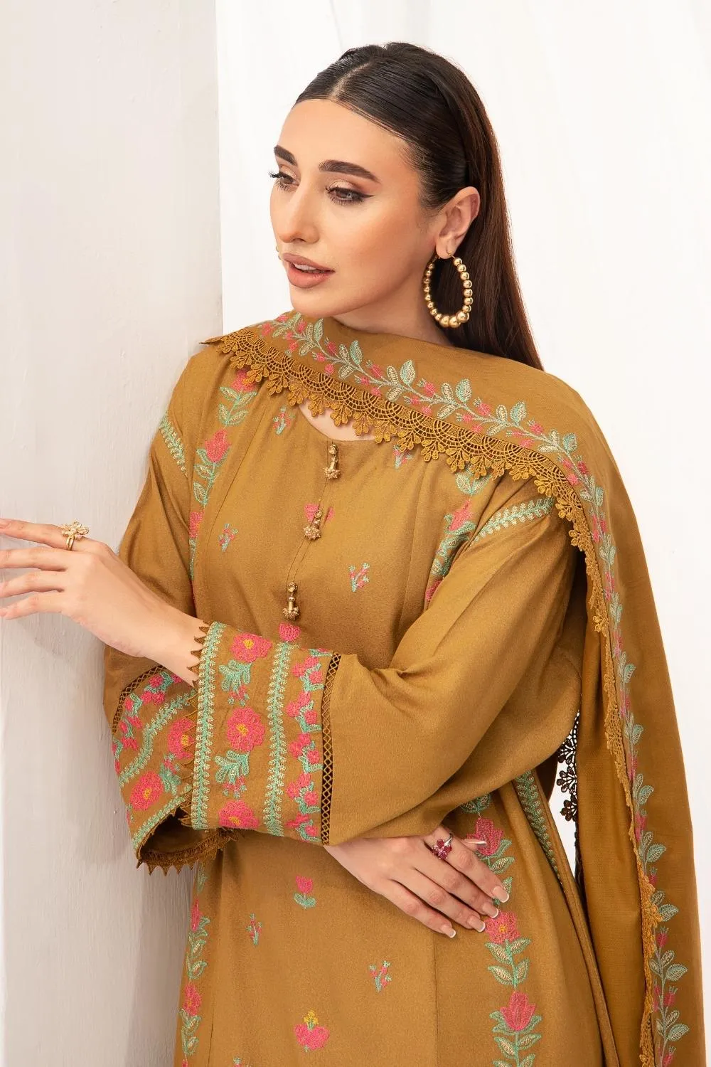3PC Unstitched |Embroidered Karandi Shirt  Cotton Dobby Shawl  Trouser