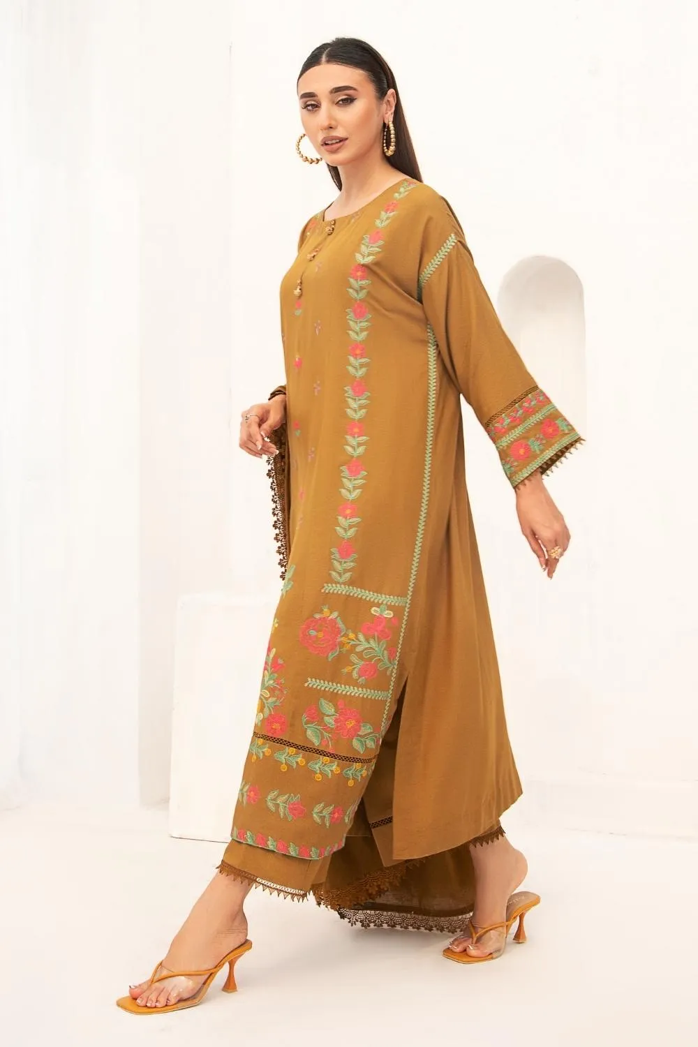 3PC Unstitched |Embroidered Karandi Shirt  Cotton Dobby Shawl  Trouser