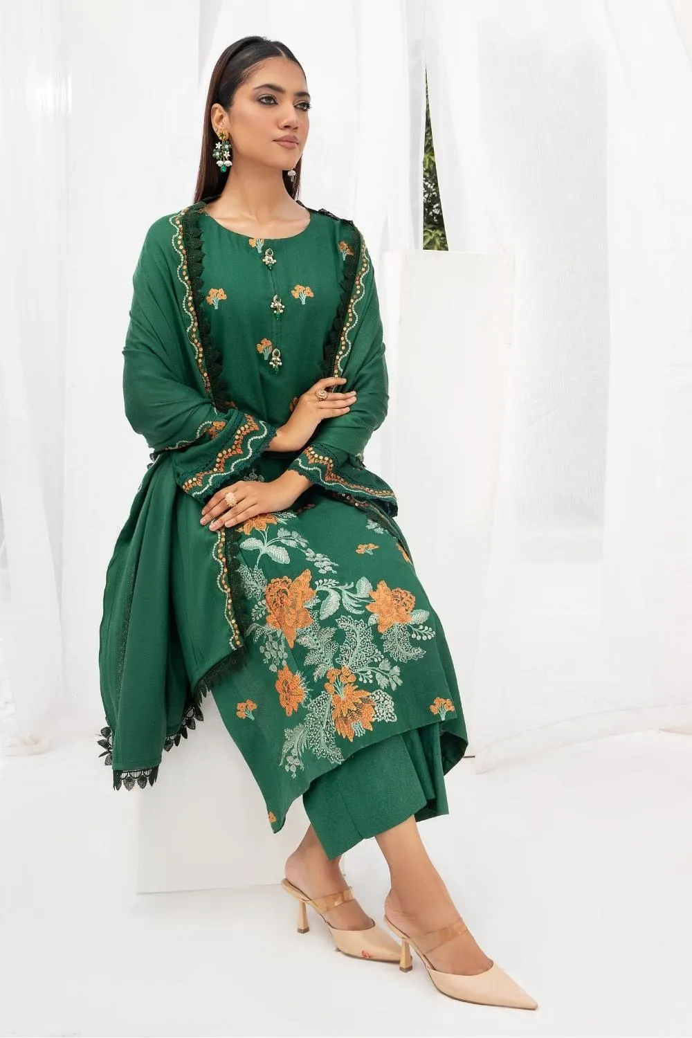 3PC Unstitched |Embroidered Karandi Shirt  Wool Shawl  Trouser