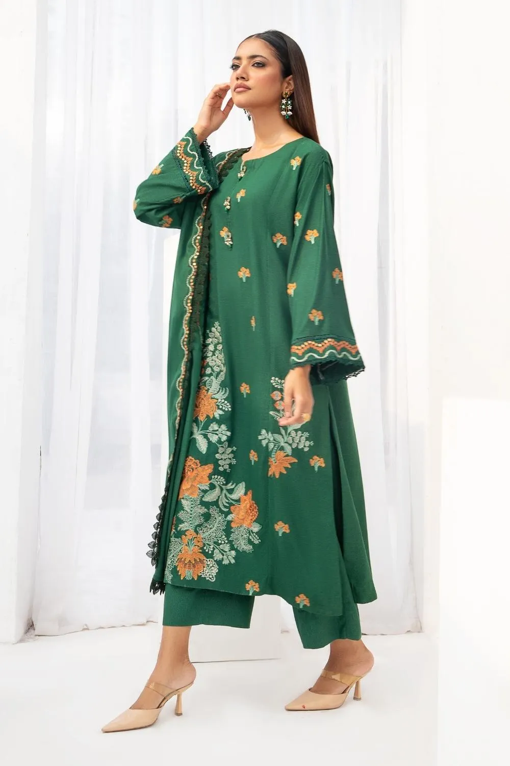 3PC Unstitched |Embroidered Karandi Shirt  Wool Shawl  Trouser