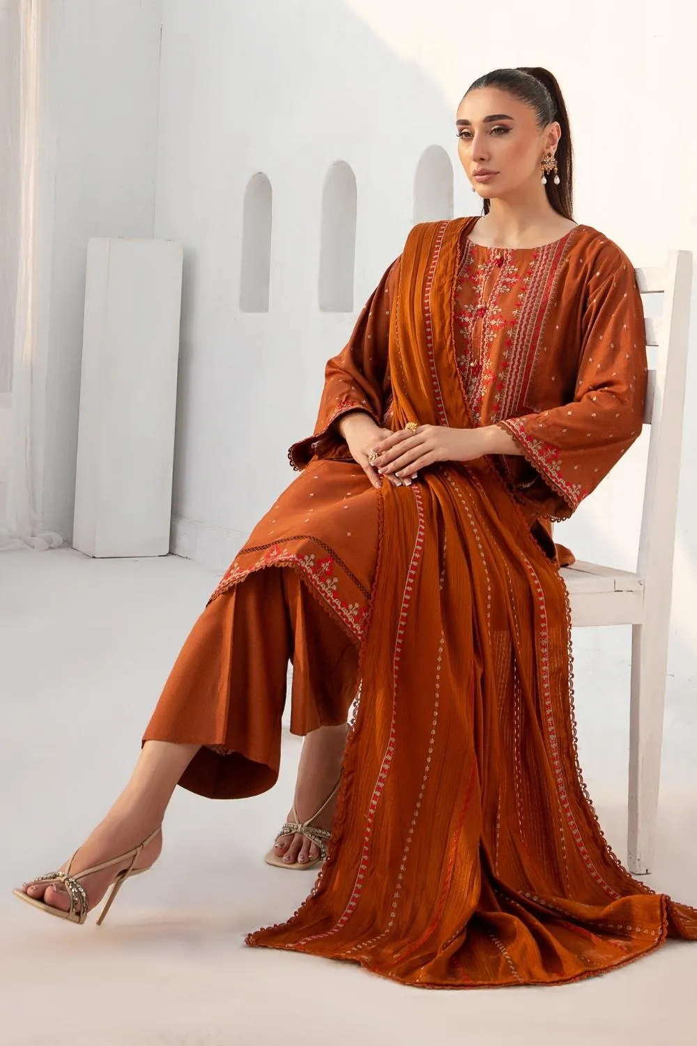 3PC Unstitched |Embroidered Karandi Shirt  Wool Shawl  Trouser