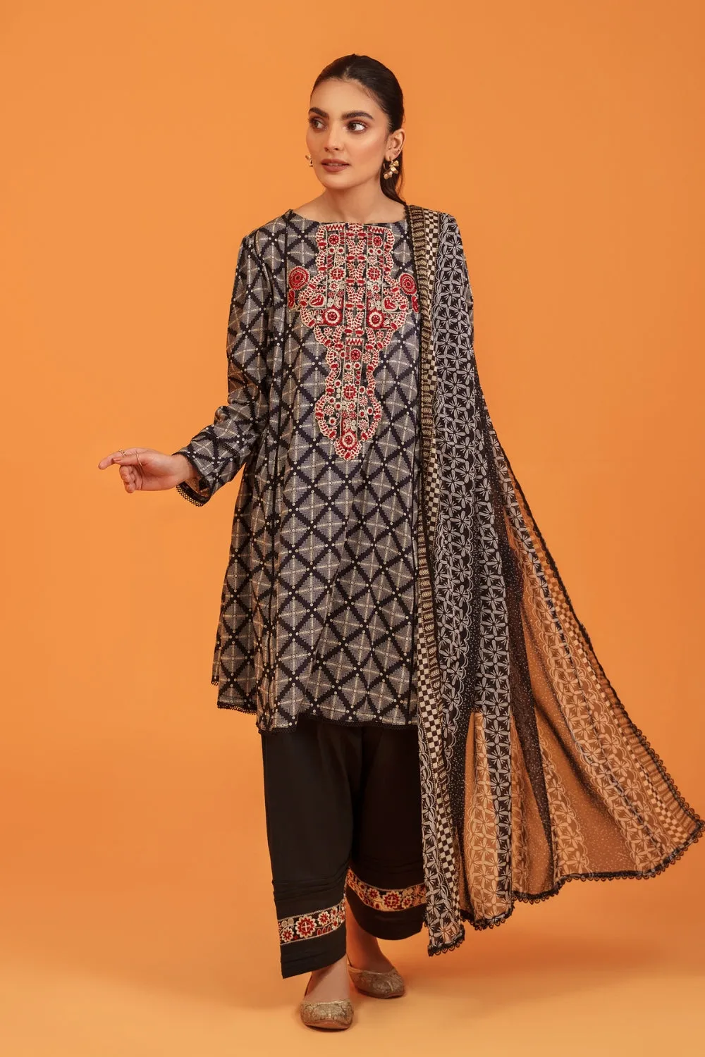3PC Unstitched | Embroidered Lawn Shirt  Chiffon Dupatta Trouser