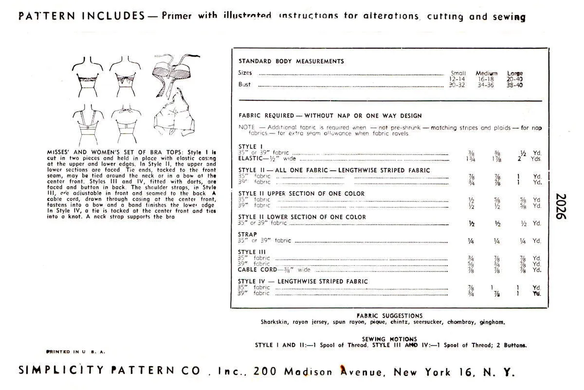 40s Set of Summer Bra Tops, Bust 30"-32", Simplicity 2026, Vintage Sewing Pattern Reproduction