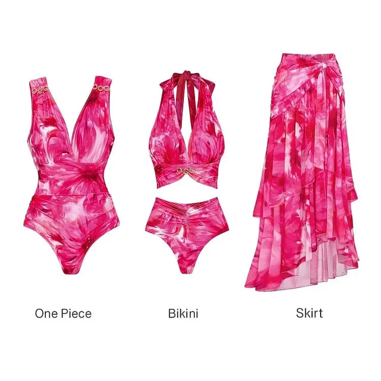 84Volt  Floral Printed Halter One piece Swimsuit Set - As shown / S