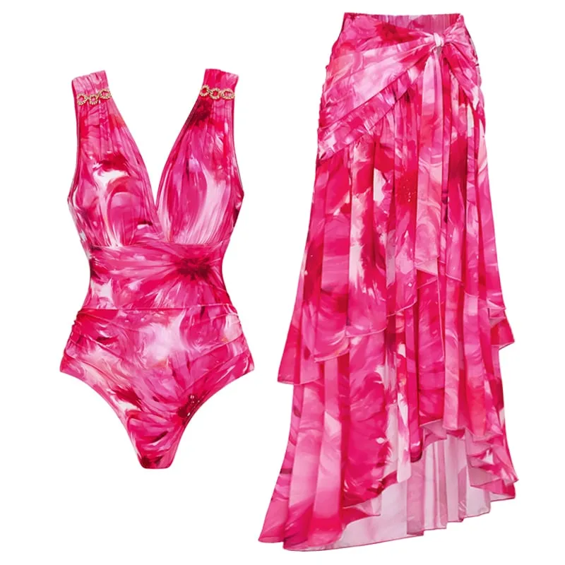 84Volt  Floral Printed Halter One piece Swimsuit Set - As shown / S