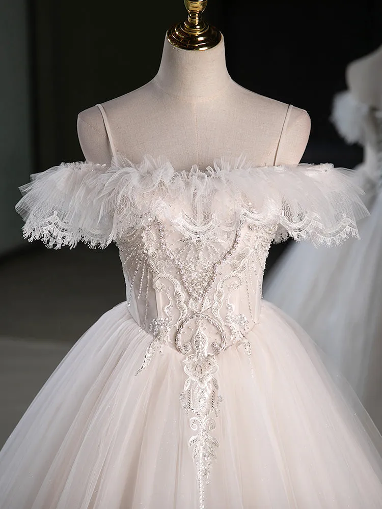 A-Line Light Champagne Tulle Lace Long Prom Dress, Light Champagne Formal Dress