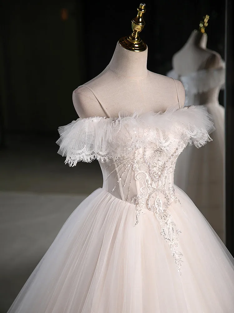 A-Line Light Champagne Tulle Lace Long Prom Dress, Light Champagne Formal Dress