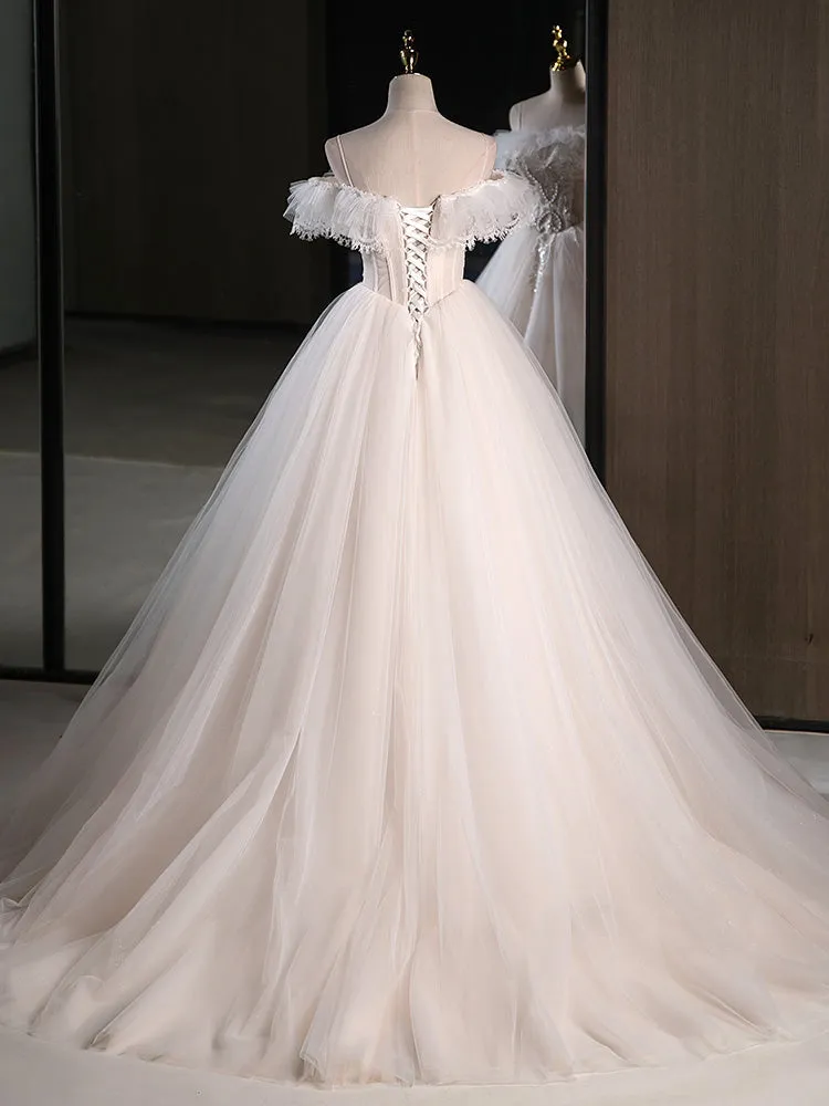 A-Line Light Champagne Tulle Lace Long Prom Dress, Light Champagne Formal Dress