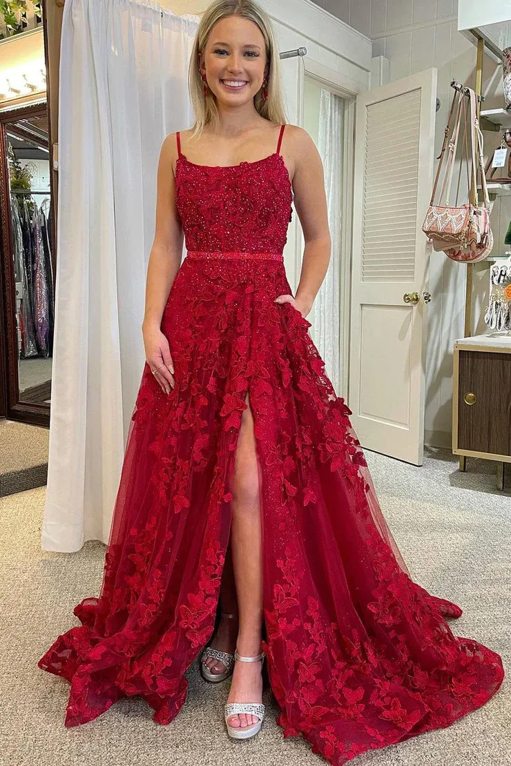 A Line Scoop Neck Red Sequins Lace Long Prom Dresses