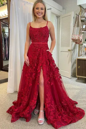 A Line Scoop Neck Red Sequins Lace Long Prom Dresses