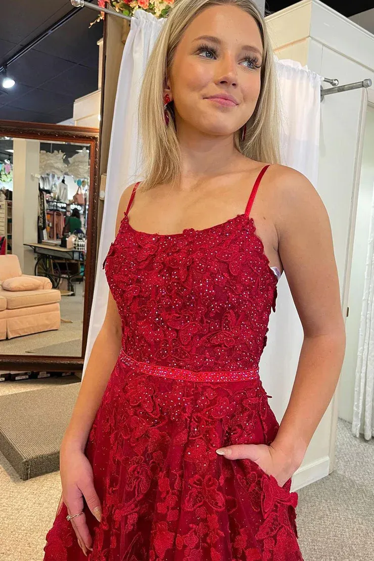A Line Scoop Neck Red Sequins Lace Long Prom Dresses