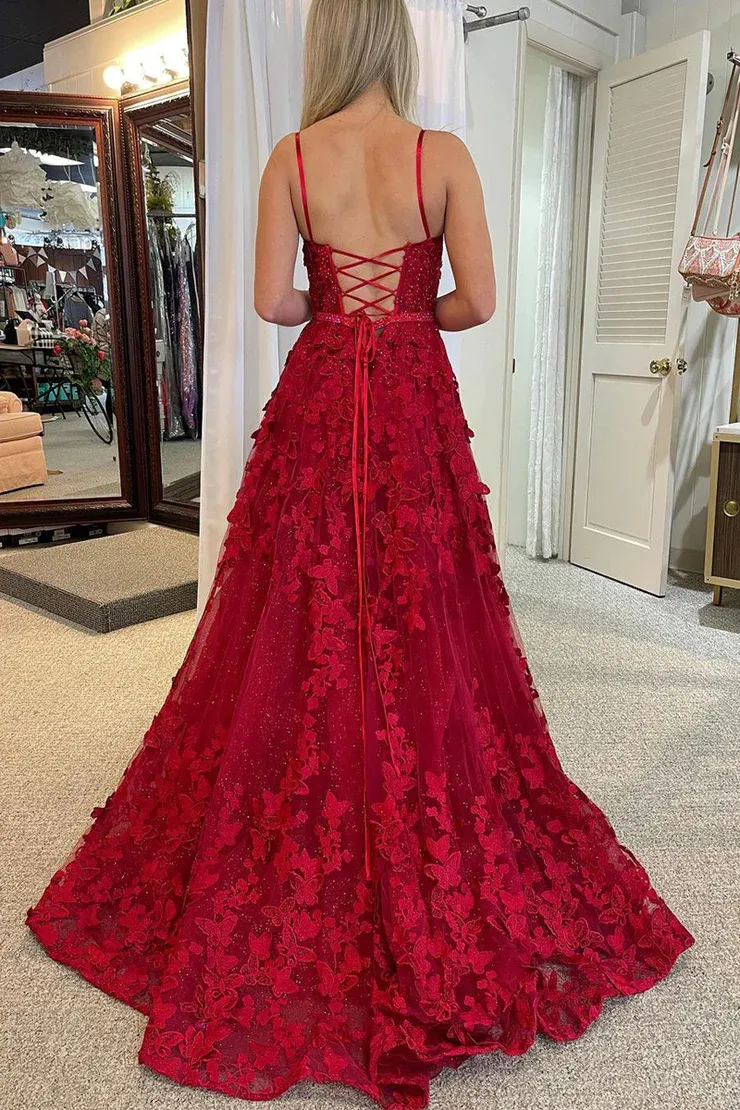 A Line Scoop Neck Red Sequins Lace Long Prom Dresses