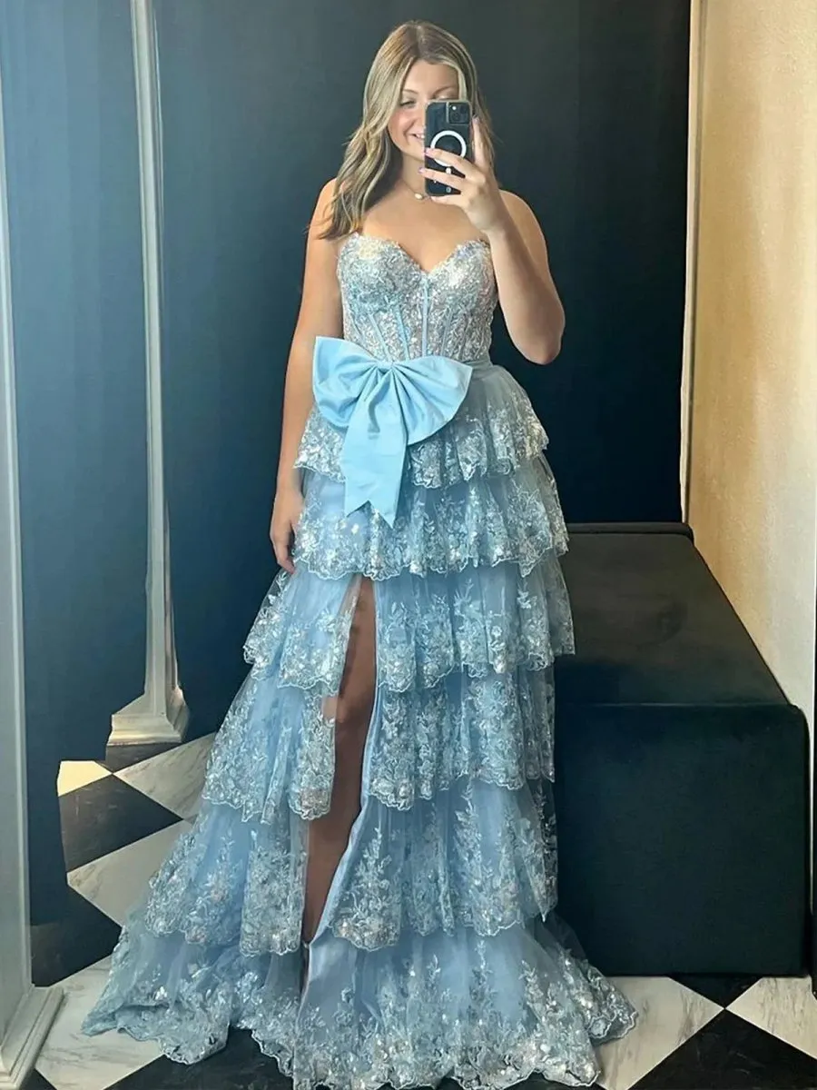 A-line Sweetheart Sequin Ruffles Long Prom Dresses with Bow