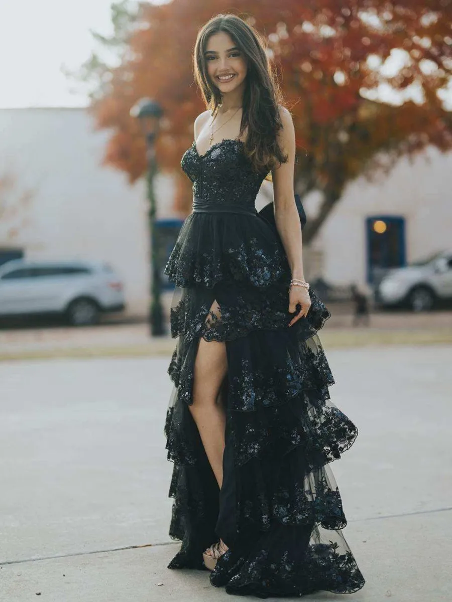 A-line Sweetheart Sequin Ruffles Long Prom Dresses with Bow