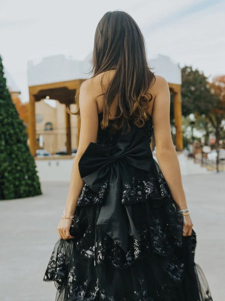 A-line Sweetheart Sequin Ruffles Long Prom Dresses with Bow