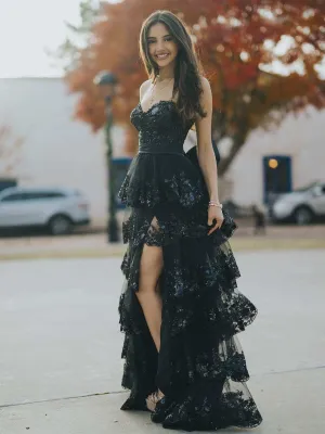 A-line Sweetheart Sequin Ruffles Long Prom Dresses with Bow