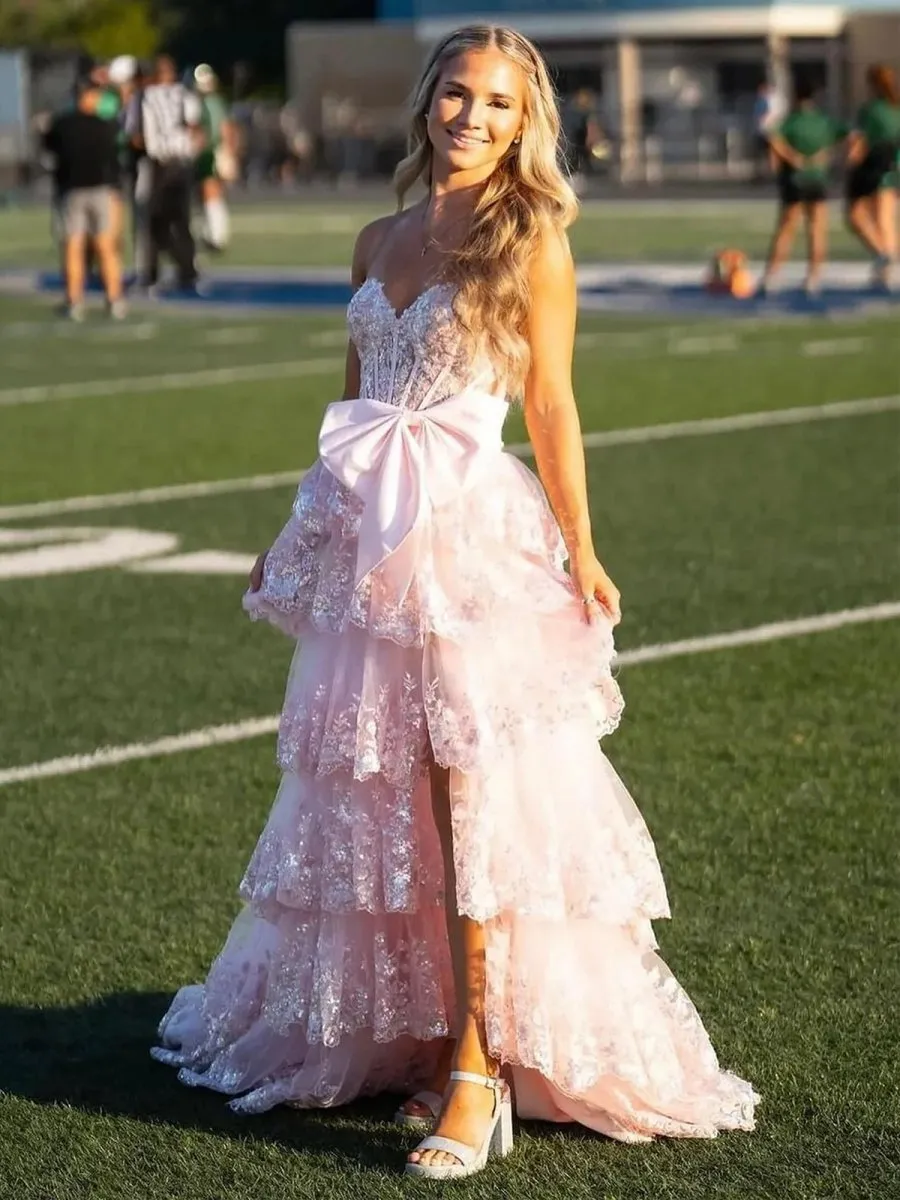 A-line Sweetheart Sequin Ruffles Long Prom Dresses with Bow