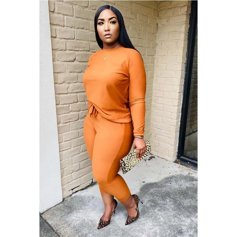 Active wear -women solid color two piece set long sleeve tops and pants suit