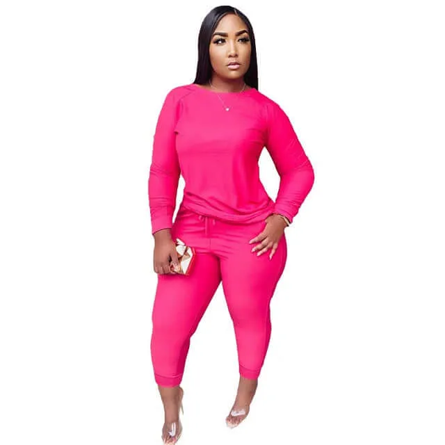 Active wear -women solid color two piece set long sleeve tops and pants suit
