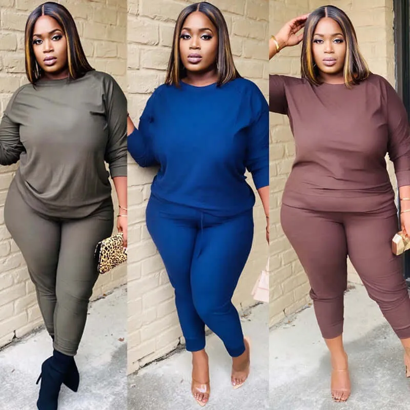 Active wear -women solid color two piece set long sleeve tops and pants suit