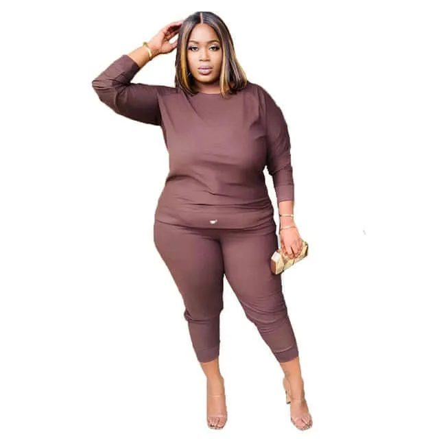 Active wear -women solid color two piece set long sleeve tops and pants suit
