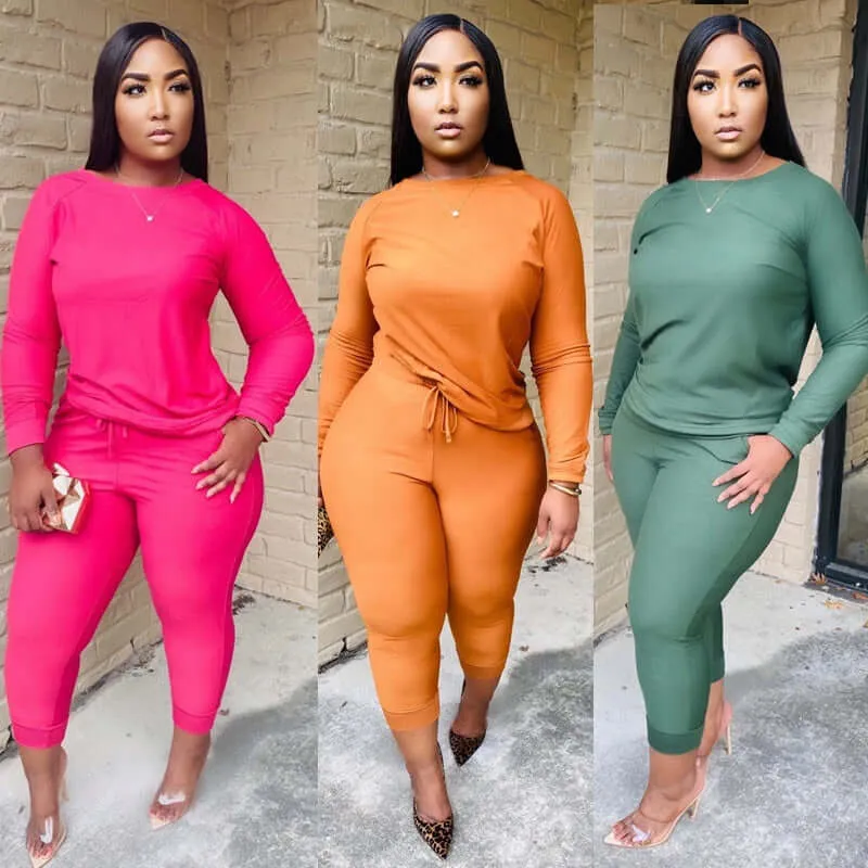 Active wear -women solid color two piece set long sleeve tops and pants suit